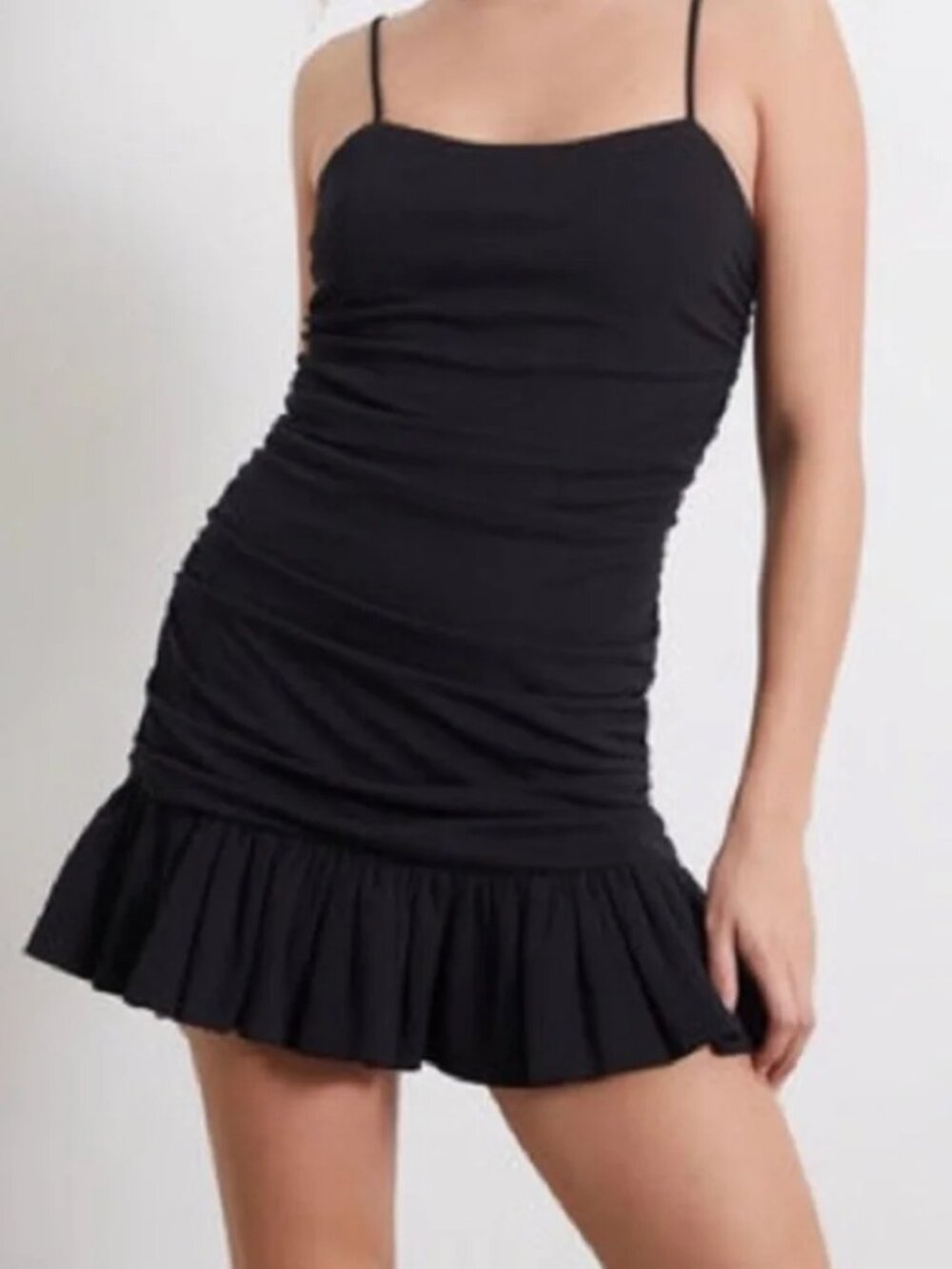 LA HEARTS S Black Stretch Ruched Bodice Spaghetti Strap Mini Evening Dress • VG‼